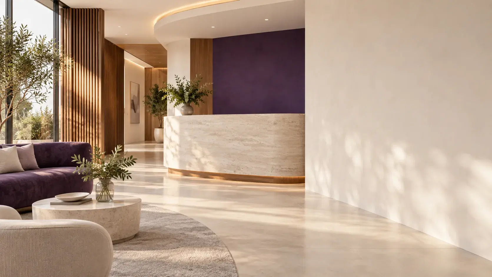 Conceito visual de recepção de clínica, com interior acolhedor e detalhes roxos